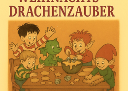Fröhliche Weihnachten Drachen und Kinder beim Plätzchenbacken, festliche Boho-Schmuck. Kinderbuch.