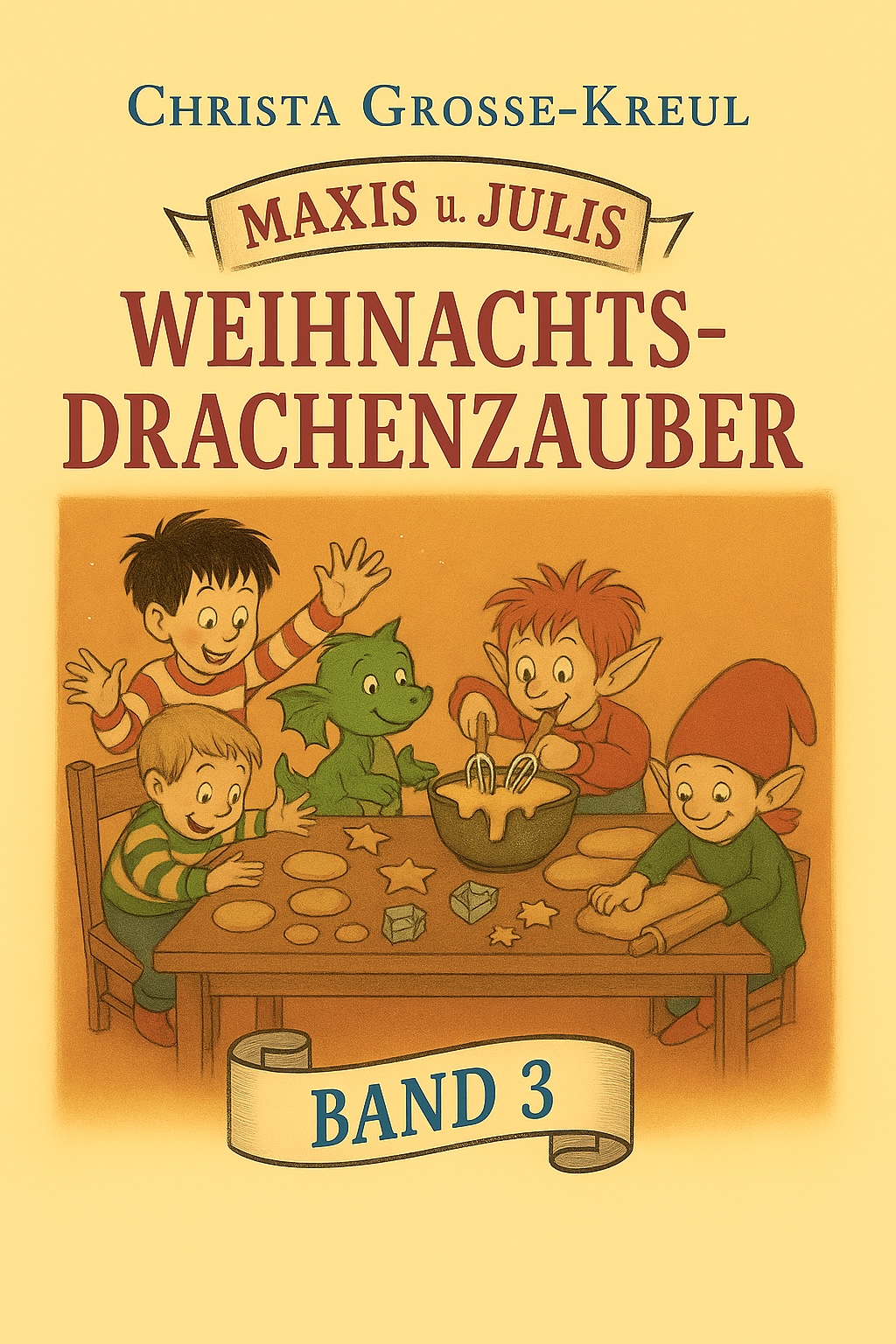 Fröhliche Weihnachten Drachen und Kinder beim Plätzchenbacken, festliche Boho-Schmuck. Kinderbuch.
