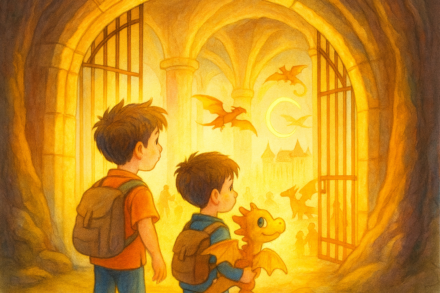 Kreative Kinderzeichnung mit Drachen und Zauberstadt, fantasievolles Kinderbild für Geschichten. "Das Geheimnis des Drachenbergs", ein Drachenbuch für Kinder.