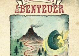 Abenteuerbuch Cover "Axis & Jules" mit Vulkan und Schatzkarte, für Kinder und Jugendliche. Cover von "Das Geheimnis des Drachenbergs", ein Drachenbuch für Kinder.