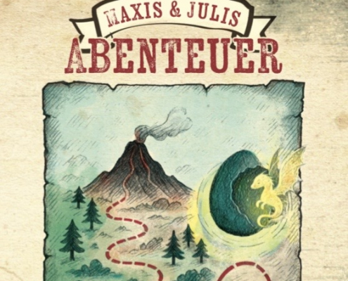 Abenteuerbuch Cover "Axis & Jules" mit Vulkan und Schatzkarte, für Kinder und Jugendliche. Cover von "Das Geheimnis des Drachenbergs", ein Drachenbuch für Kinder.