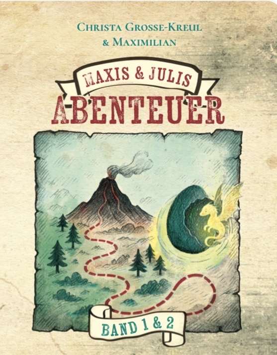 Abenteuerbuch Cover "Axis & Jules" mit Vulkan und Schatzkarte, für Kinder und Jugendliche. Cover von "Das Geheimnis des Drachenbergs", ein Drachenbuch für Kinder.