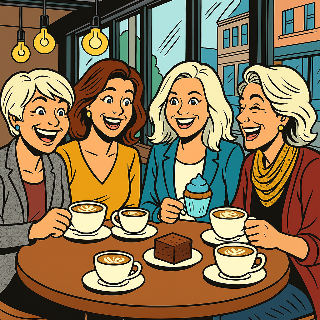 100-cafe_300dpi Szene aus dem Omi-Gang Band 1 Taschenbuch: Die vier Omas sitzen lachend beim Cappuccino mit Hafermilch.