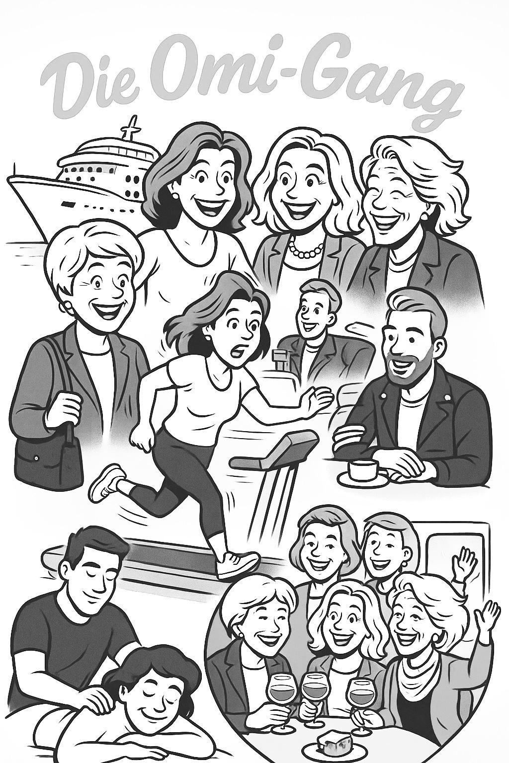 220-Collage_300dpi Eine Collage aus dem Omi-Gang Band 1 Taschenbuch: Mal sieht man ein Kreuzfahrtschiff im Hintergrund, mal Omis auf dem Laufband usw.