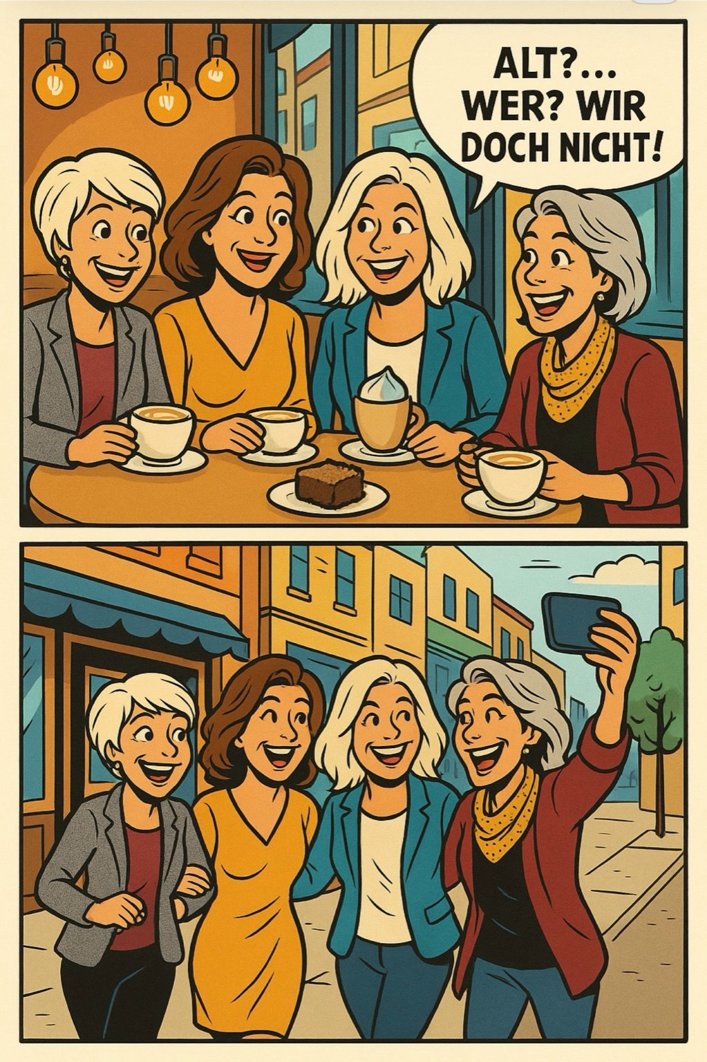 IMG_7048 Szene aus dem Omi-Gang Band 1 Taschenbuch: Die vier Omas sitzen lachend beim Kaffeetrinken und im 2. Bild machen sie ein Selfie.